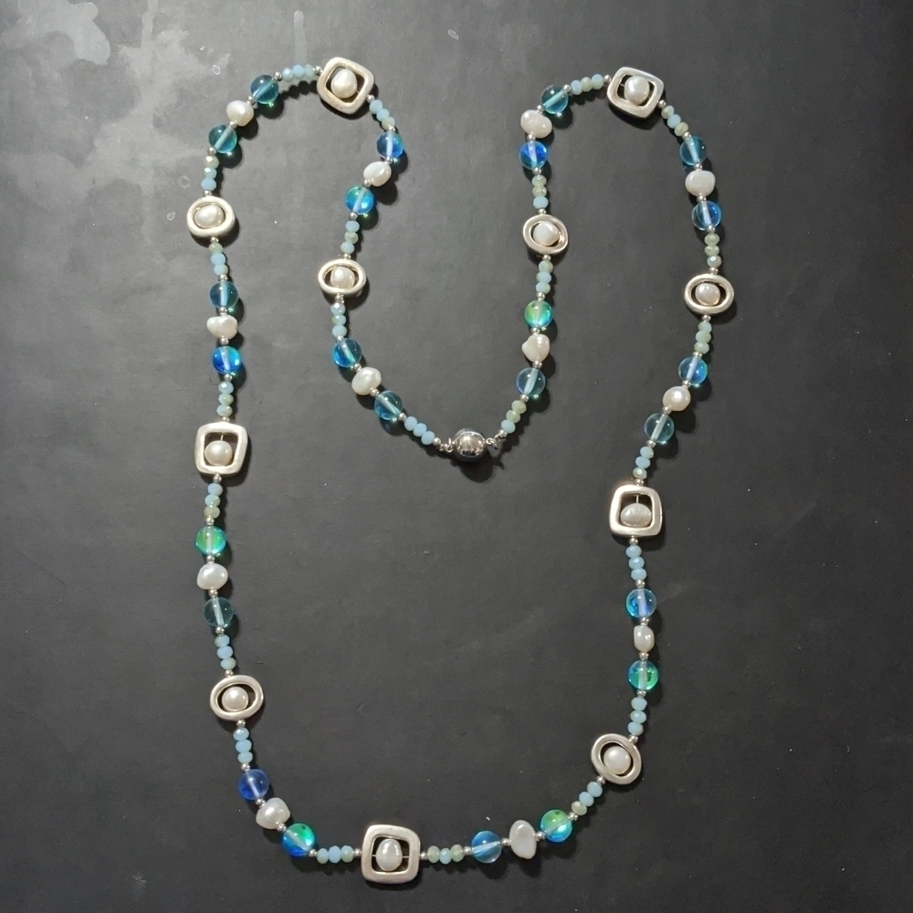 Silver Tone Blue Crystal Iridescent White Freshwater Pearl Statement Necklace